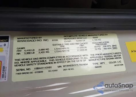 2020 Mercedes-Benz Sprinter 2500 Standard Roof V6 из США, поврежденный, VIN W1W4EBVY7LT024834